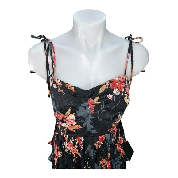 Lulus | Tier to Stay Black Floral Print Tiered Tie-Strap Midi Dress size M New - Picture 6 of 16
